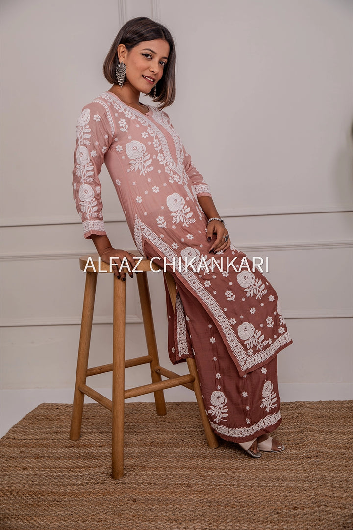 Hiba Premium Muslin 3D Chikankari Ombre Kurti Palazzo Set