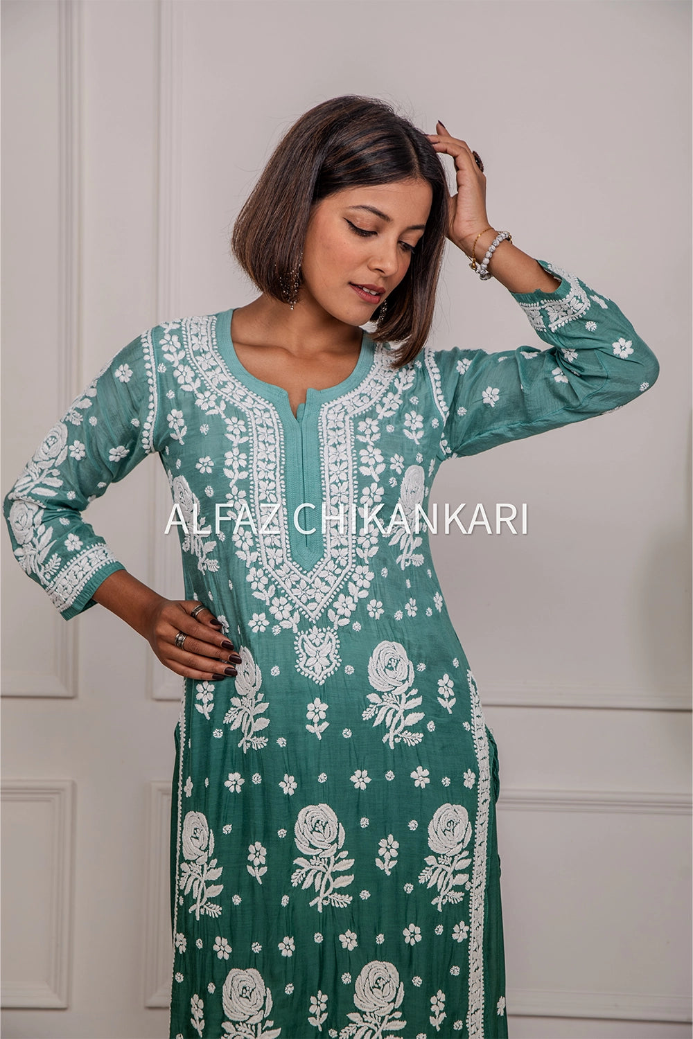 Tuba Premium Muslin 3D Chikankari Ombre Kurti Palazzo Set