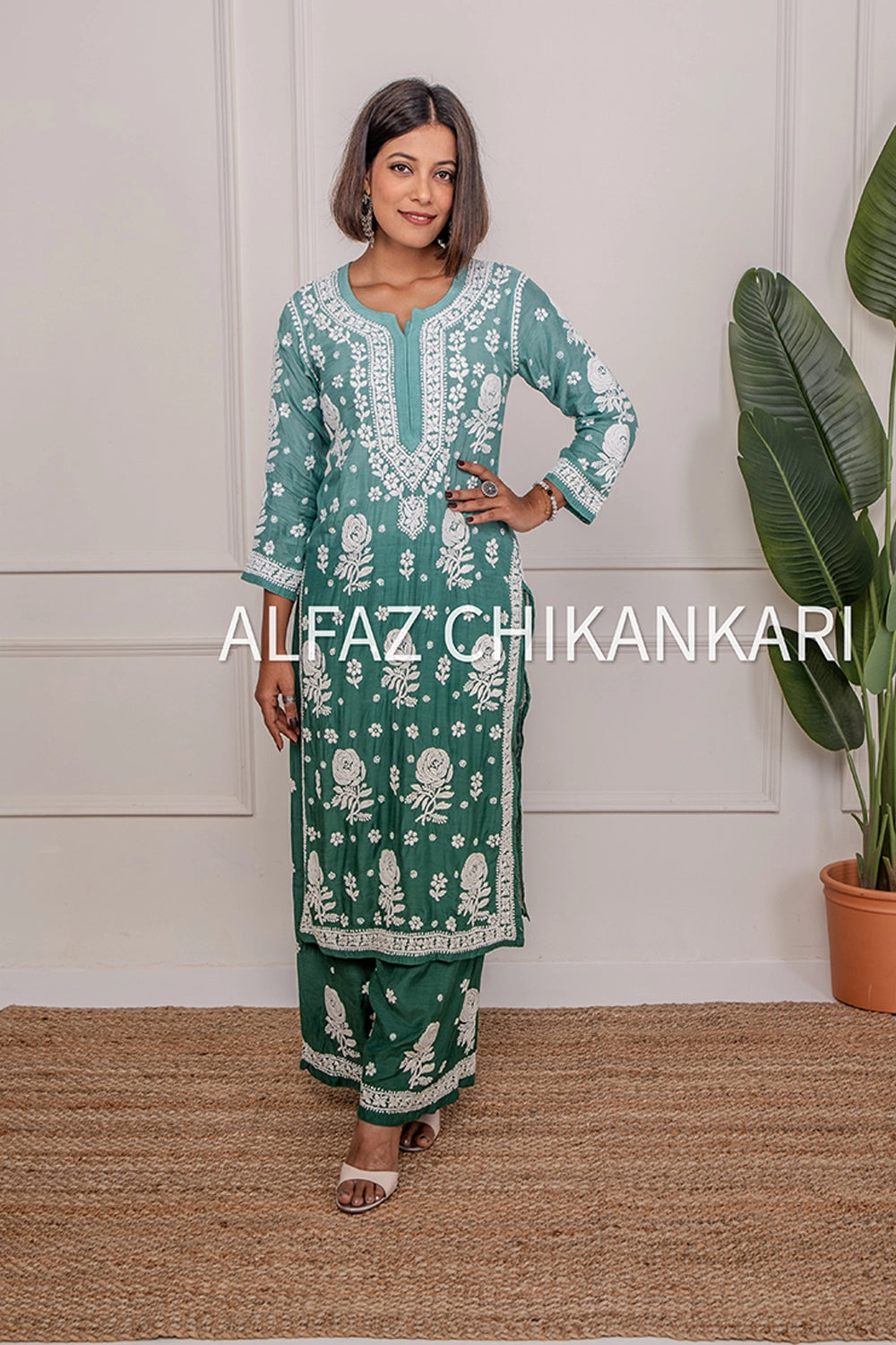 Tuba Premium Muslin 3D Chikankari Ombre Kurti Palazzo Set