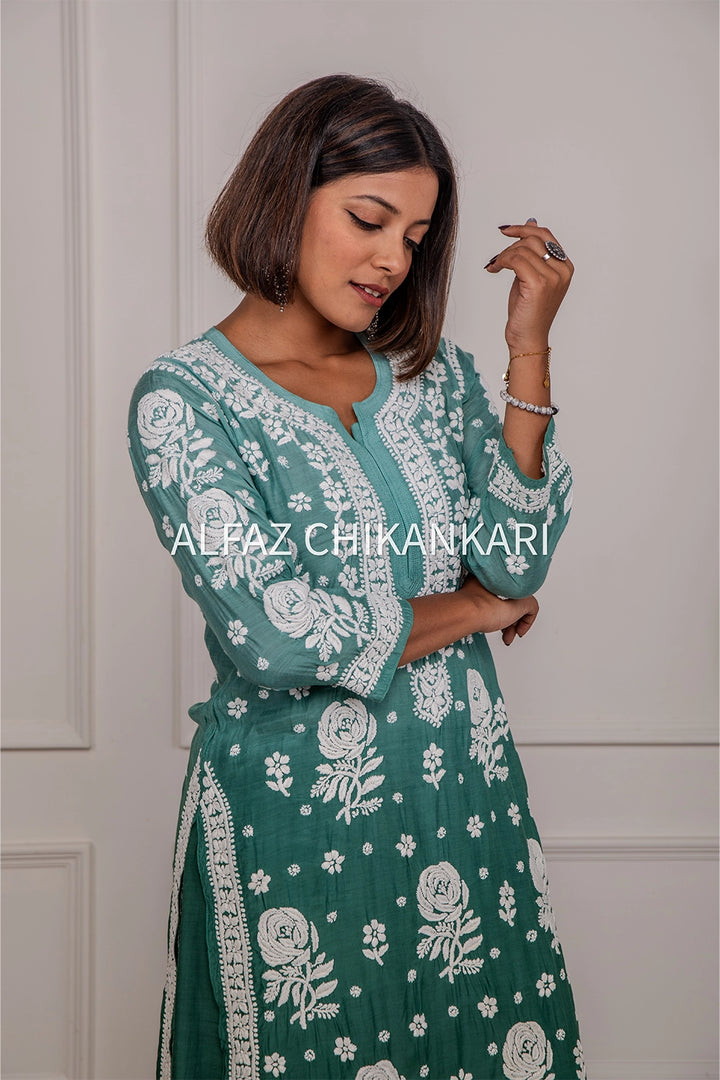 Hiba Premium Muslin 3D Chikankari Ombre Kurti Palazzo Set