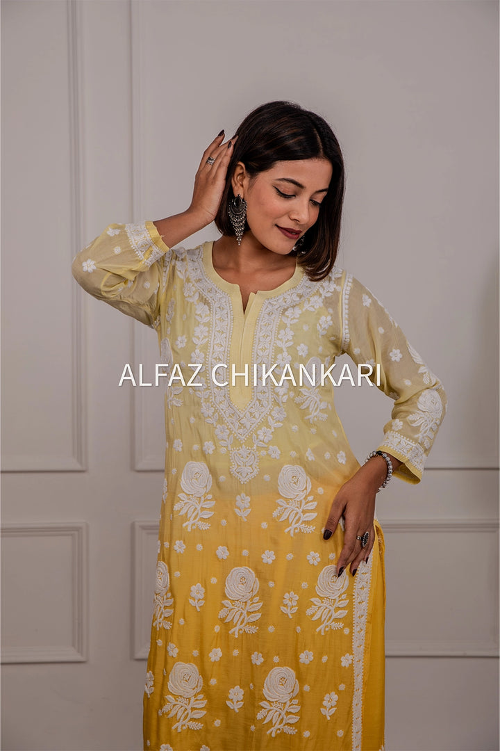 Hiba Premium Muslin 3D Chikankari Ombre Kurti Palazzo Set