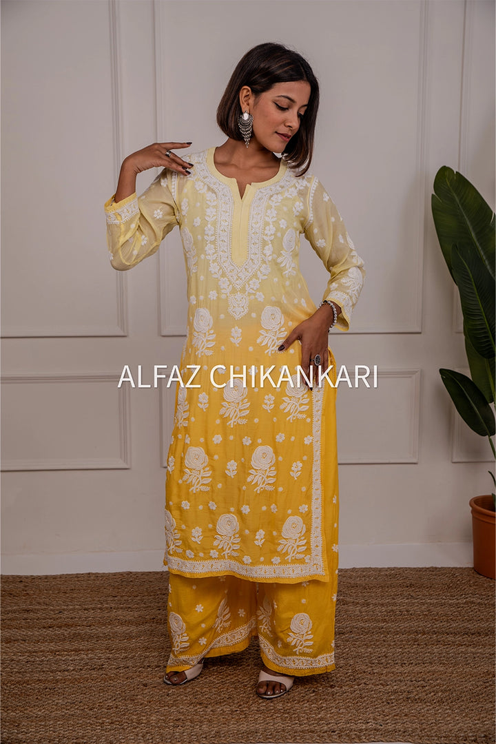 Hiba Premium Muslin 3D Chikankari Ombre Kurti Palazzo Set