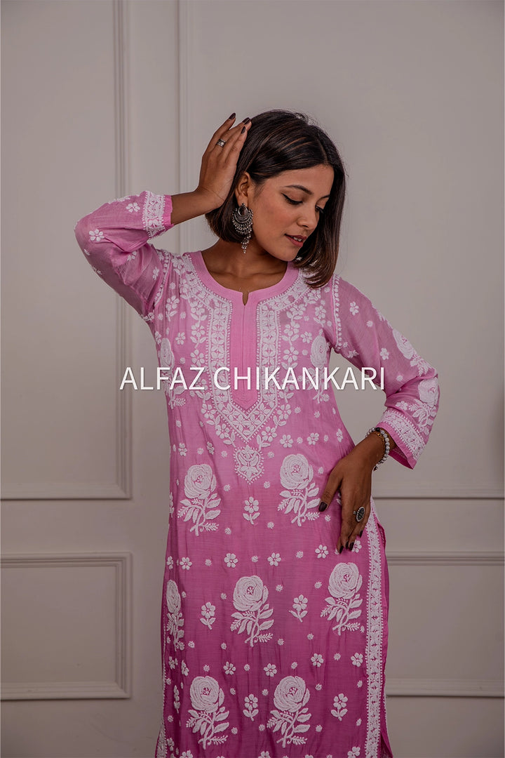 Hiba Premium Muslin 3D Chikankari Ombre Kurti Palazzo Set