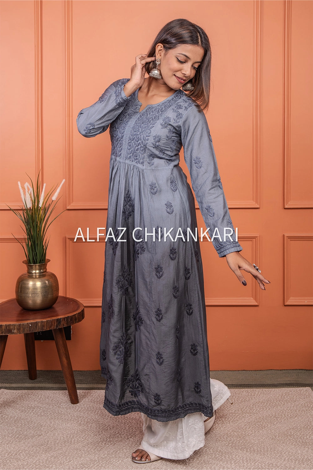 Reem Premium Chanderi Silk 3D Chikankari Gown