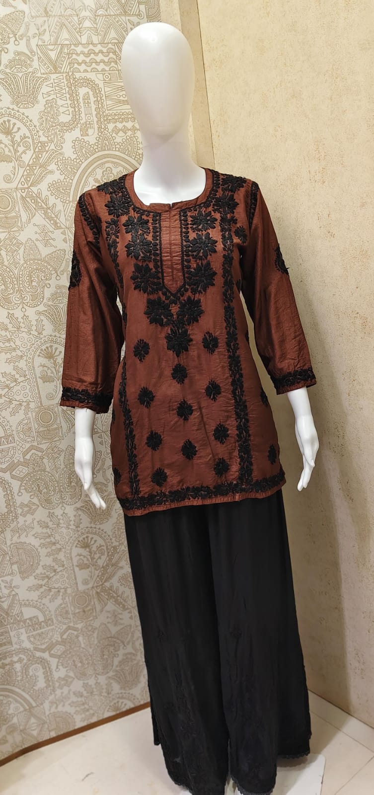 Jamila Premium Chanderi Silk Chikankari  Short Kurti With Black Thread Work