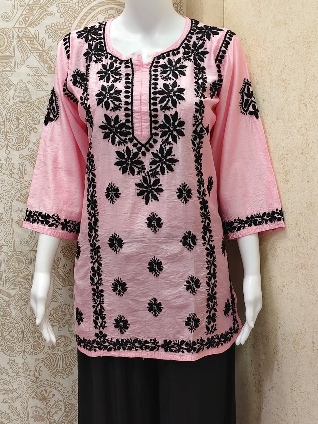 Jamila Premium Chanderi Silk Chikankari  Short Kurti With Black Thread Work