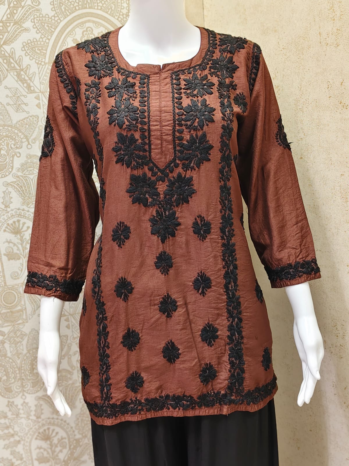 Jamila Premium Chanderi Silk Chikankari  Short Kurti With Black Thread Work