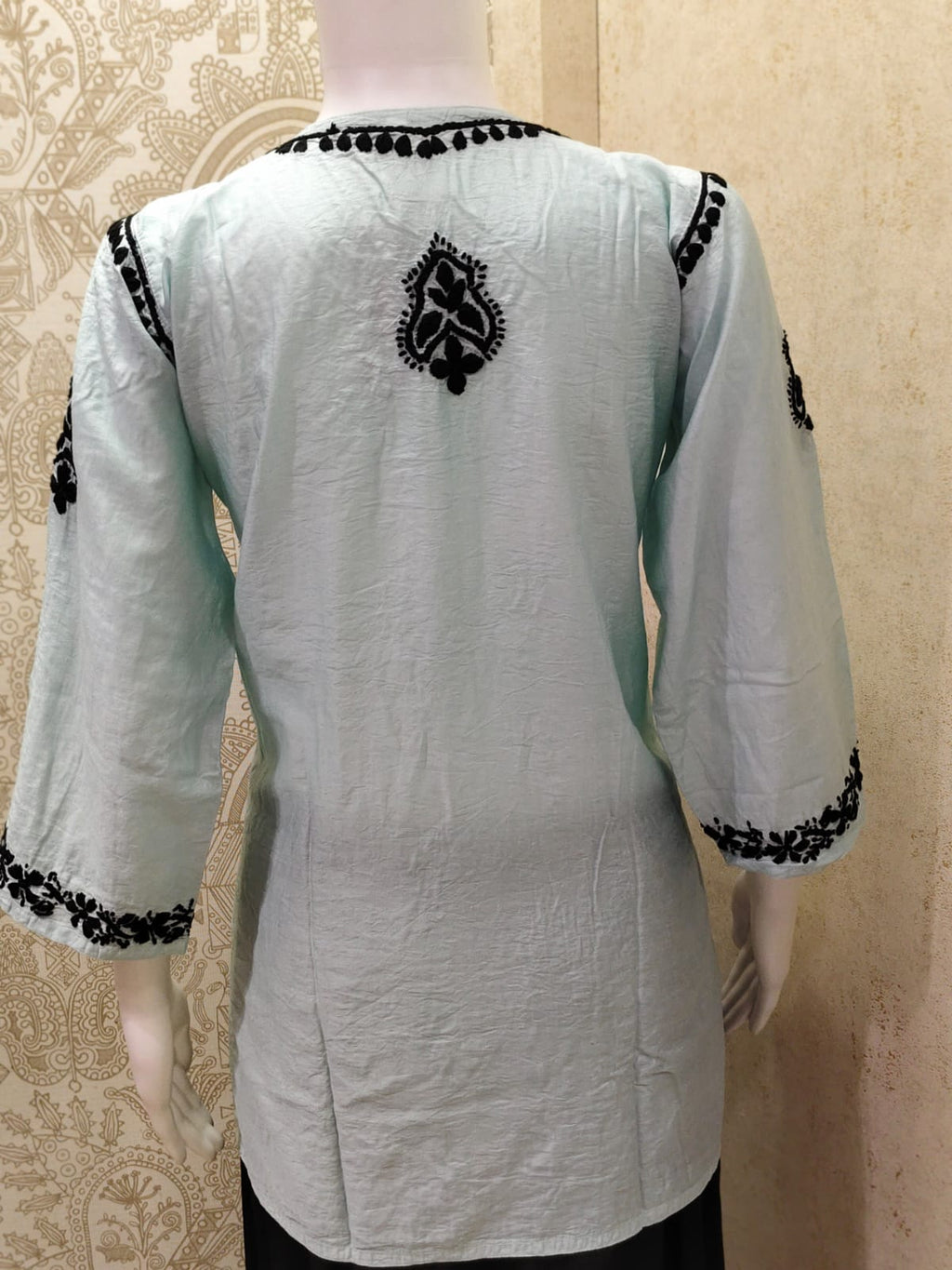 Jamila Premium Chanderi Silk Chikankari  Short Kurti With Black Thread Work