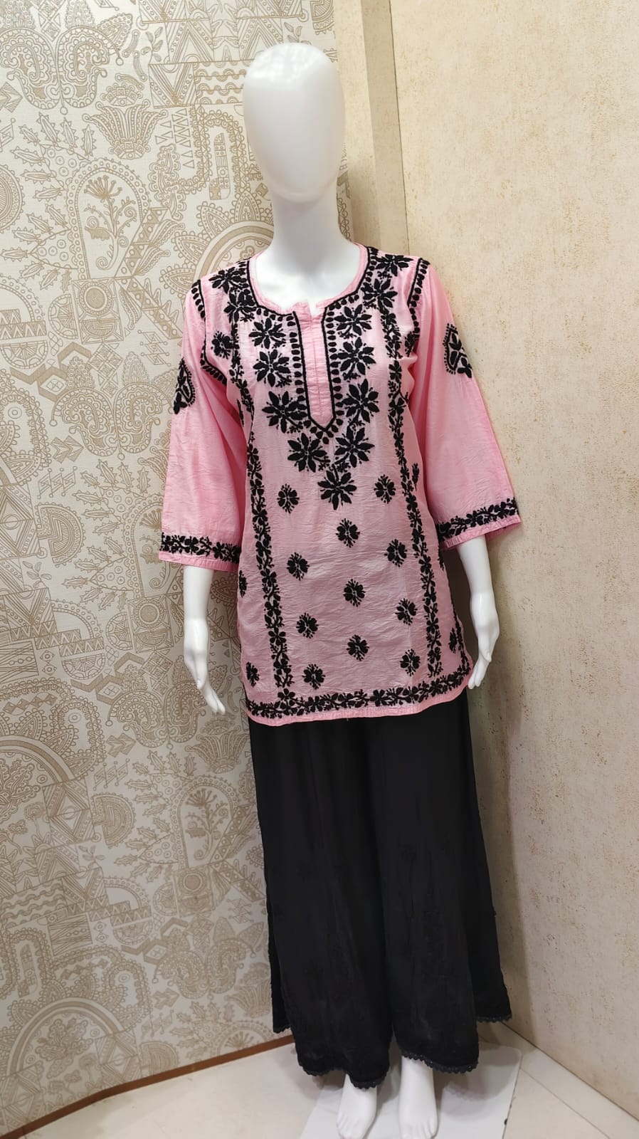 Jamila Premium Chanderi Silk Chikankari  Short Kurti With Black Thread Work