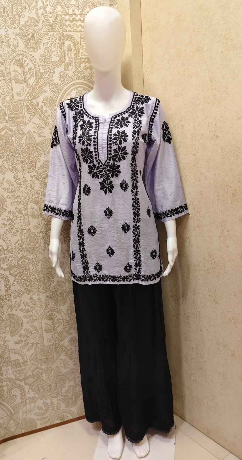 Jamila Premium Chanderi Silk Chikankari  Short Kurti With Black Thread Work