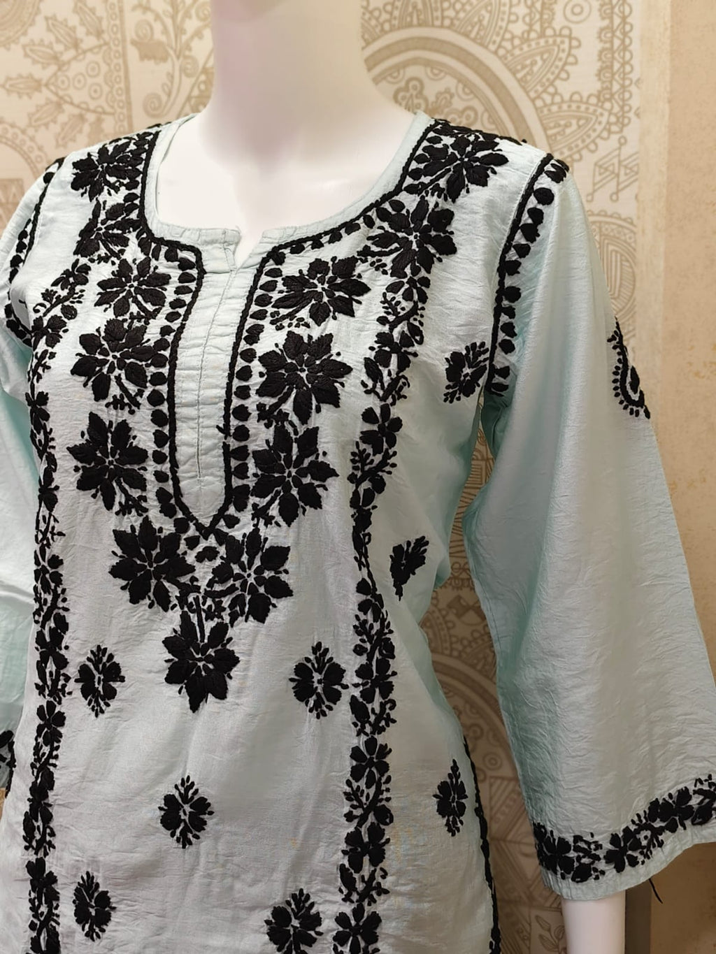 Jamila Premium Chanderi Silk Chikankari  Short Kurti With Black Thread Work