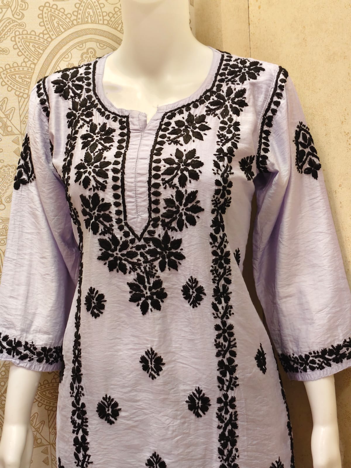 Jamila Premium Chanderi Silk Chikankari  Short Kurti With Black Thread Work