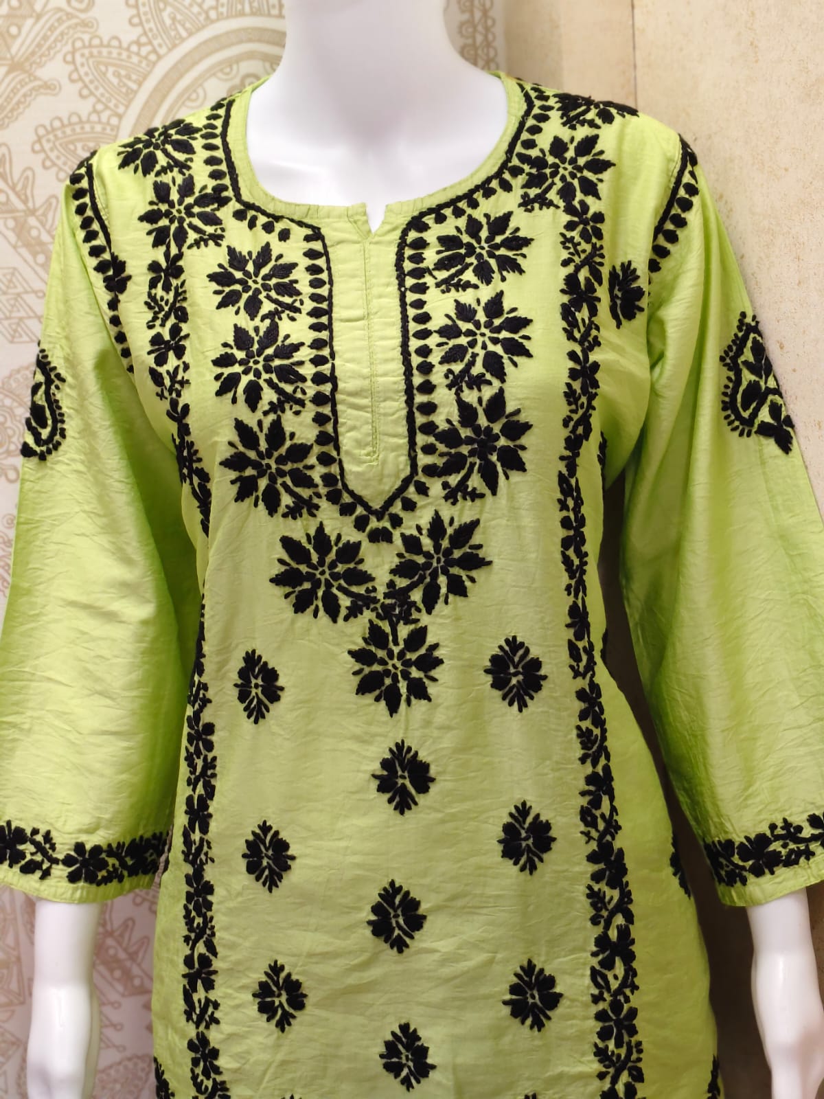 Jamila Premium Chanderi Silk Chikankari  Short Kurti With Black Thread Work