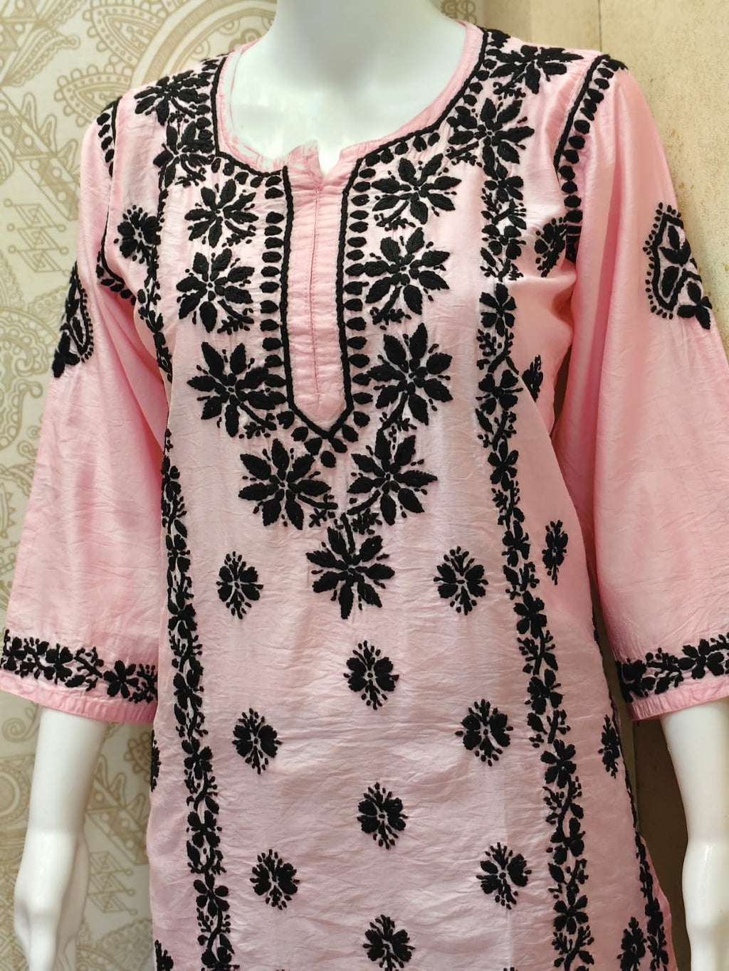 Jamila Premium Chanderi Silk Chikankari  Short Kurti With Black Thread Work