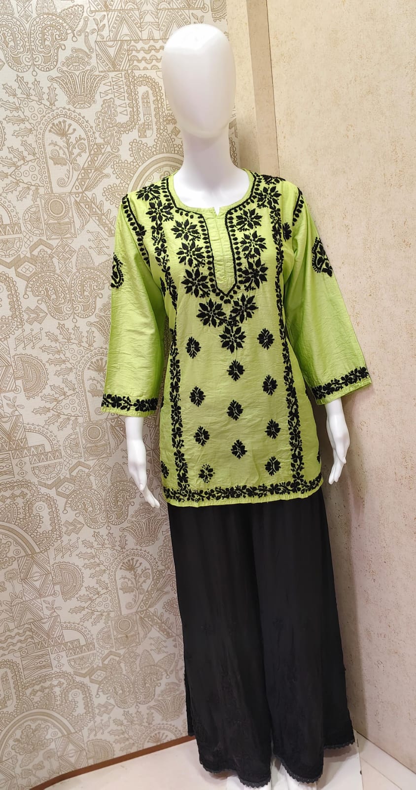 Jamila Premium Chanderi Silk Chikankari  Short Kurti With Black Thread Work