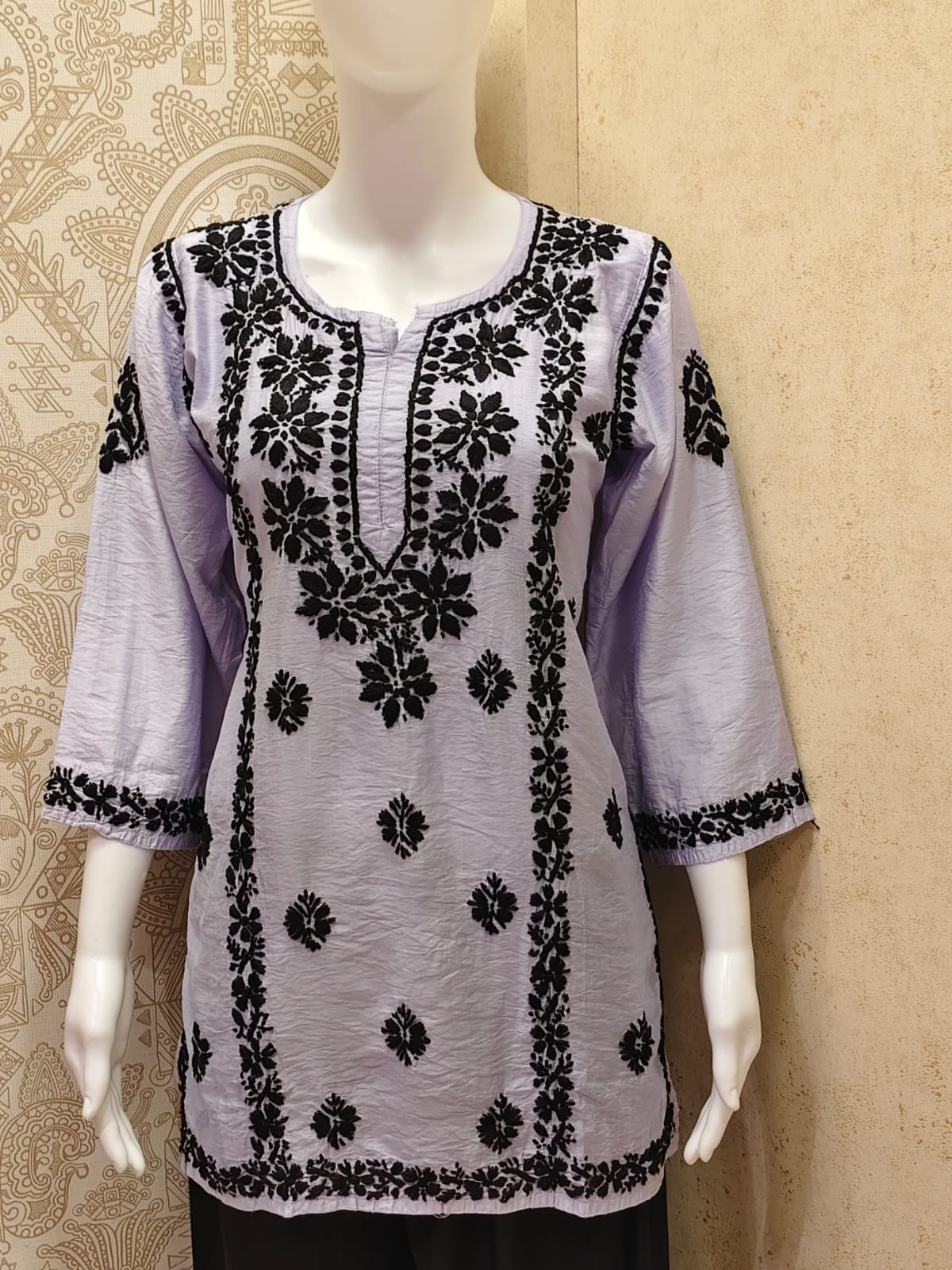Jamila Premium Chanderi Silk Chikankari  Short Kurti With Black Thread Work