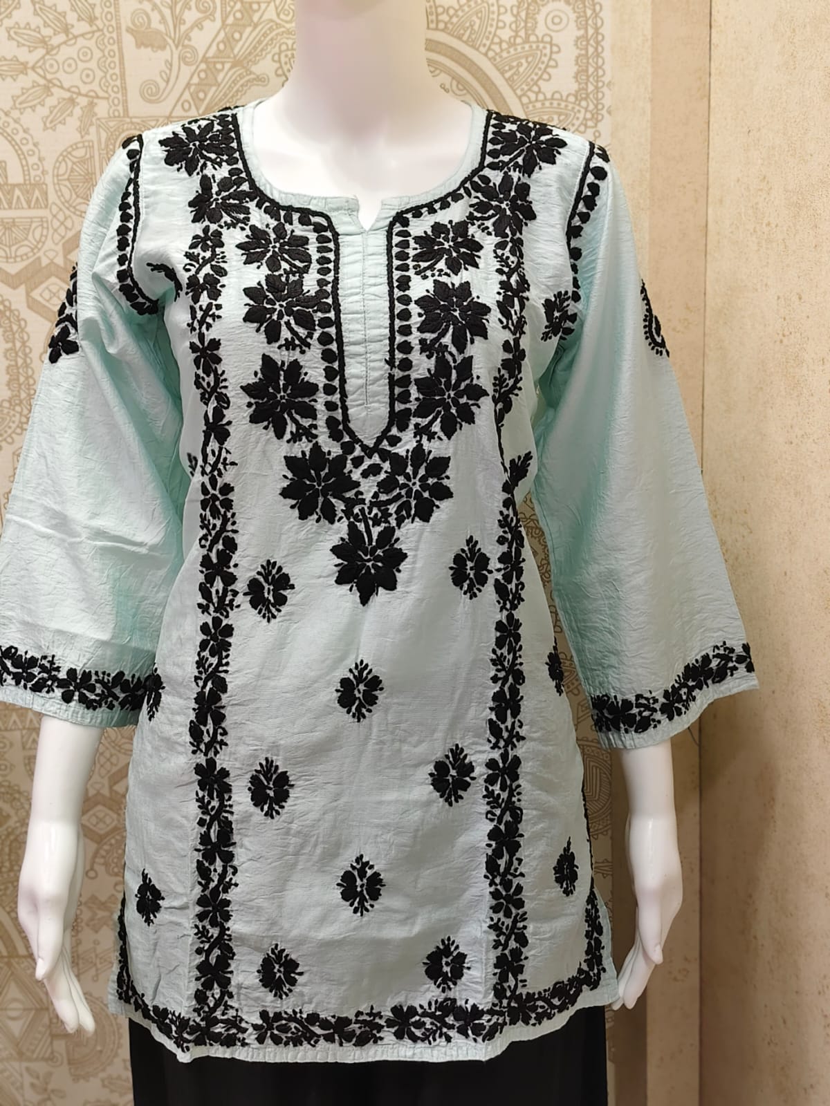 Jamila Premium Chanderi Silk Chikankari  Short Kurti With Black Thread Work