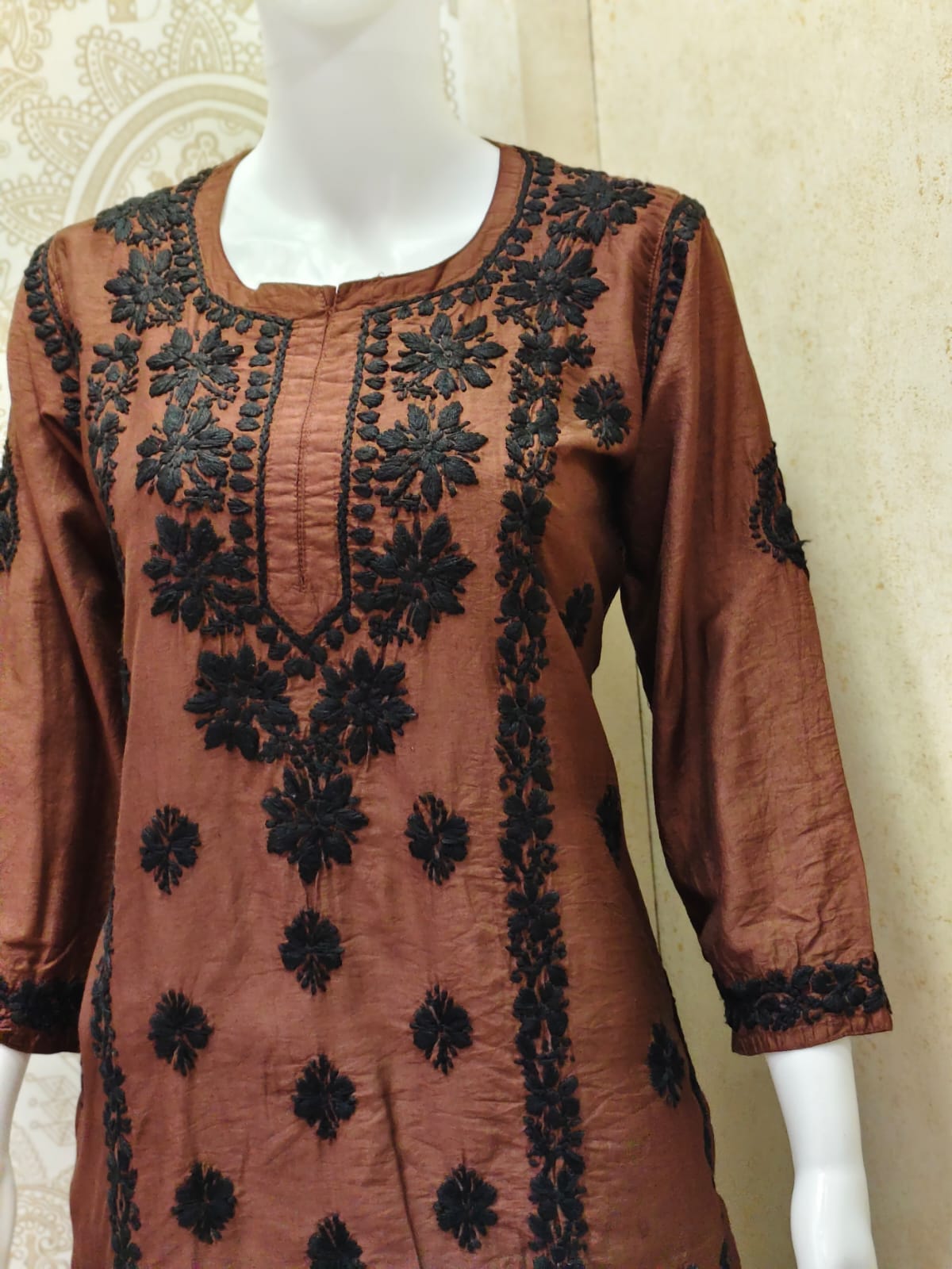 Jamila Premium Chanderi Silk Chikankari  Short Kurti With Black Thread Work