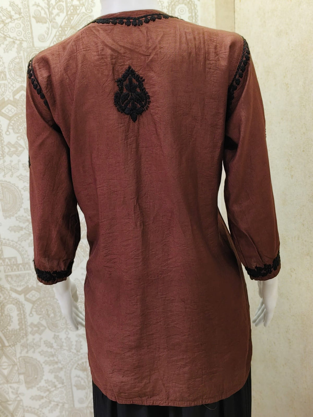 Jamila Premium Chanderi Silk Chikankari  Short Kurti With Black Thread Work