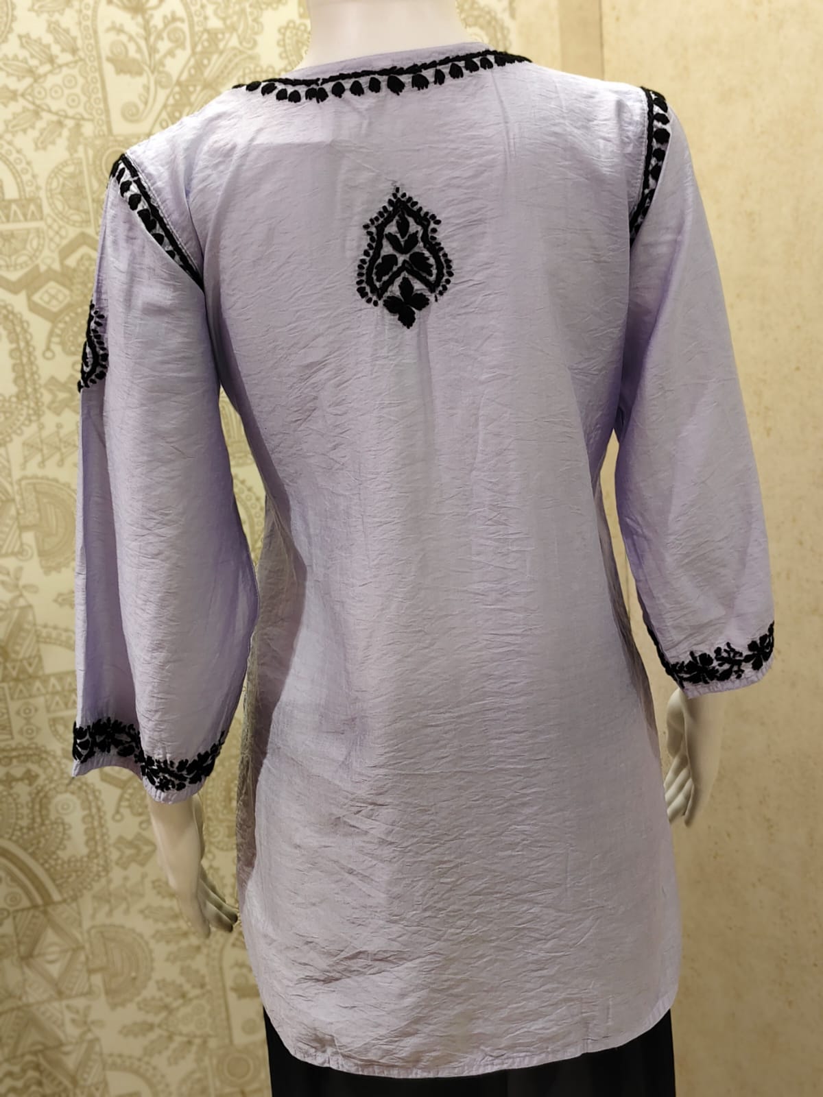 Jamila Premium Chanderi Silk Chikankari  Short Kurti With Black Thread Work