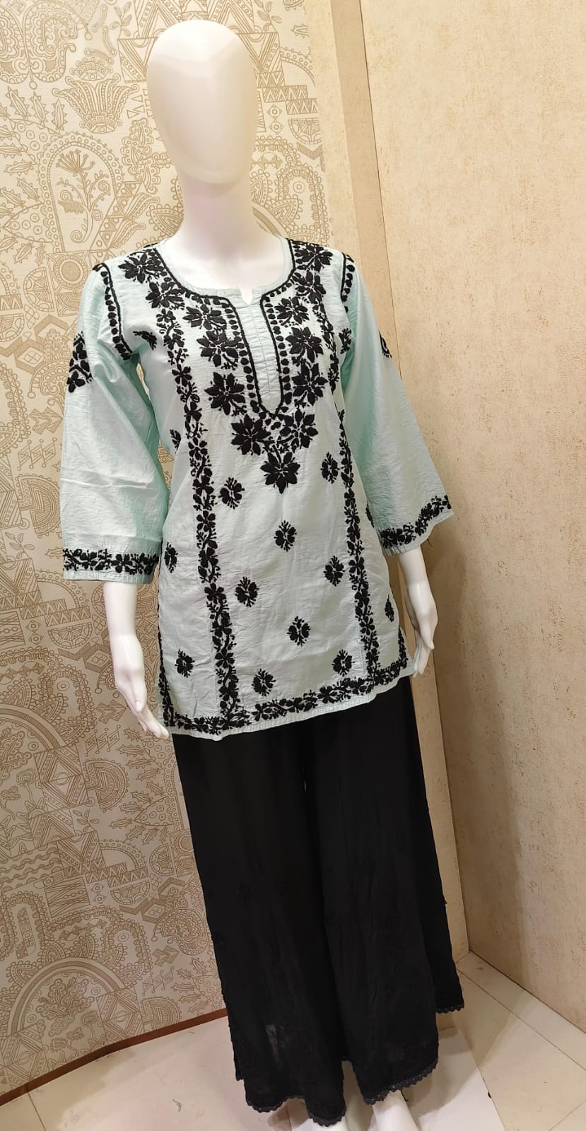 Jamila Premium Chanderi Silk Chikankari  Short Kurti With Black Thread Work