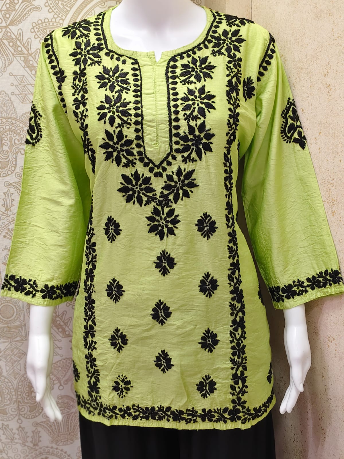 Jamila Premium Chanderi Silk Chikankari  Short Kurti With Black Thread Work
