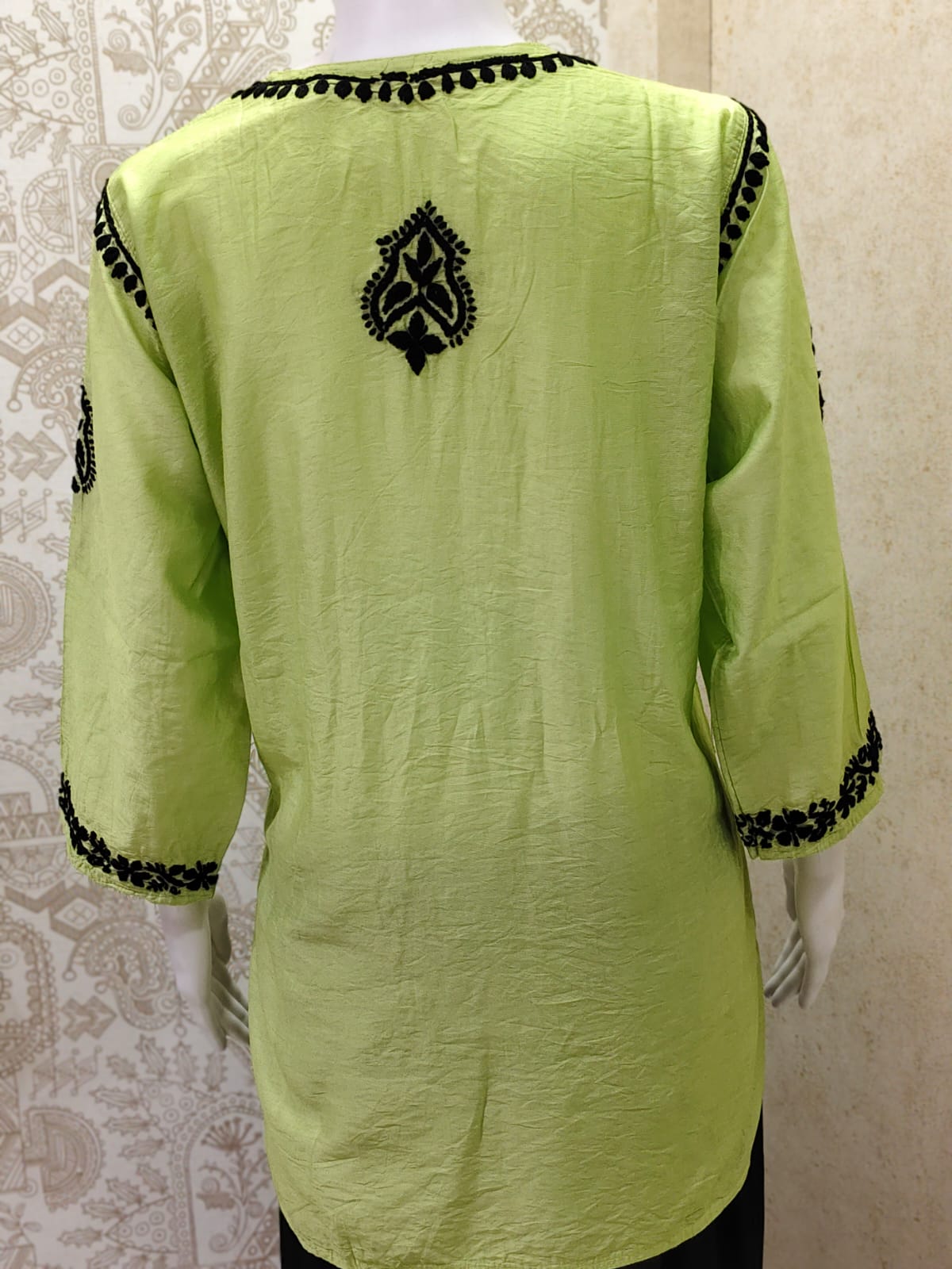 Jamila Premium Chanderi Silk Chikankari  Short Kurti With Black Thread Work