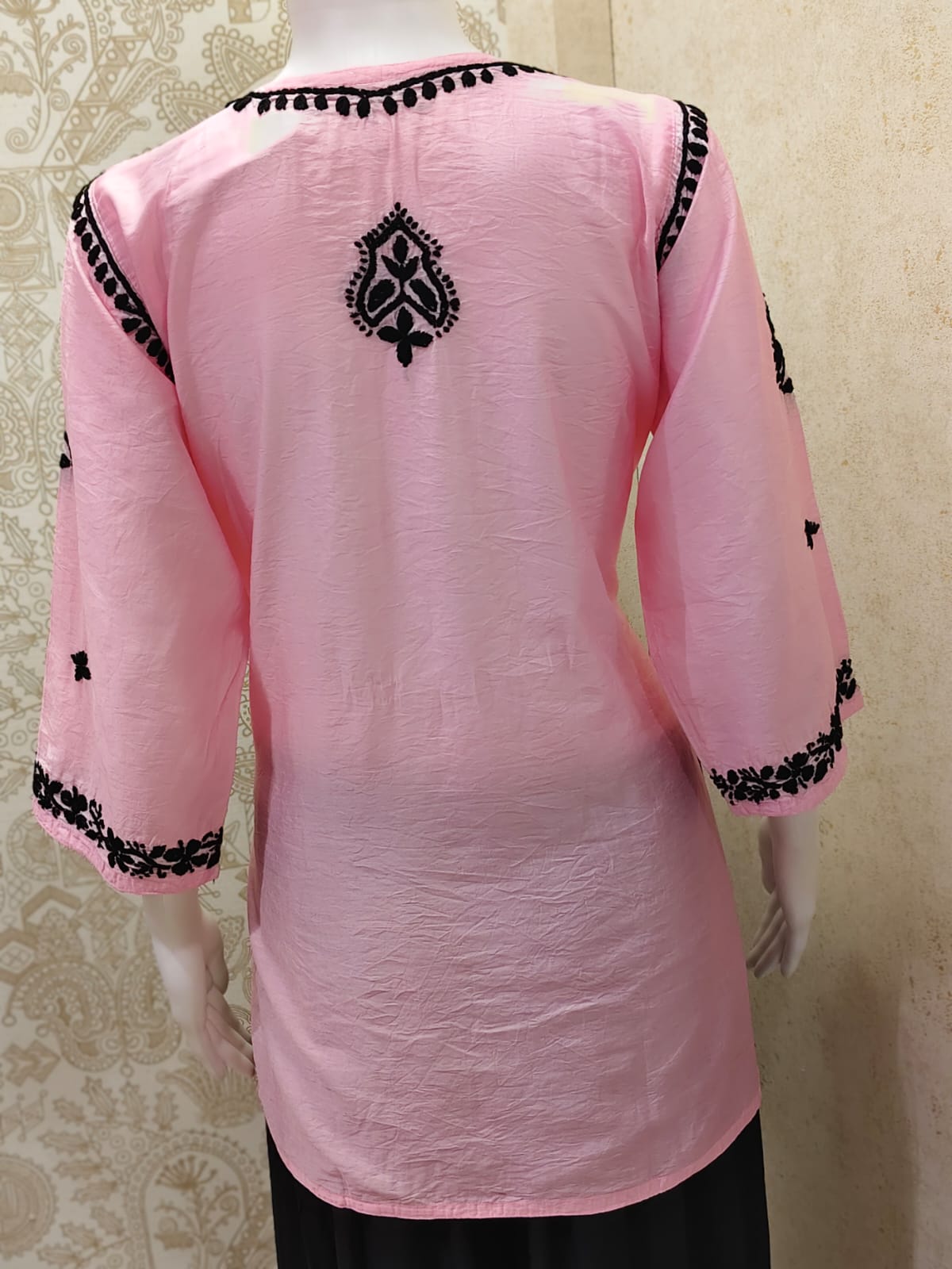 Jamila Premium Chanderi Silk Chikankari  Short Kurti With Black Thread Work