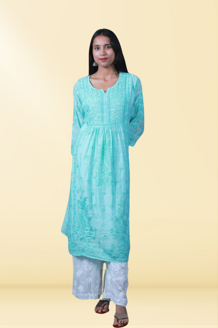 Aziza Chanderi Chikankari Nayara Cut Kurti | Long Chikankari Kurtis