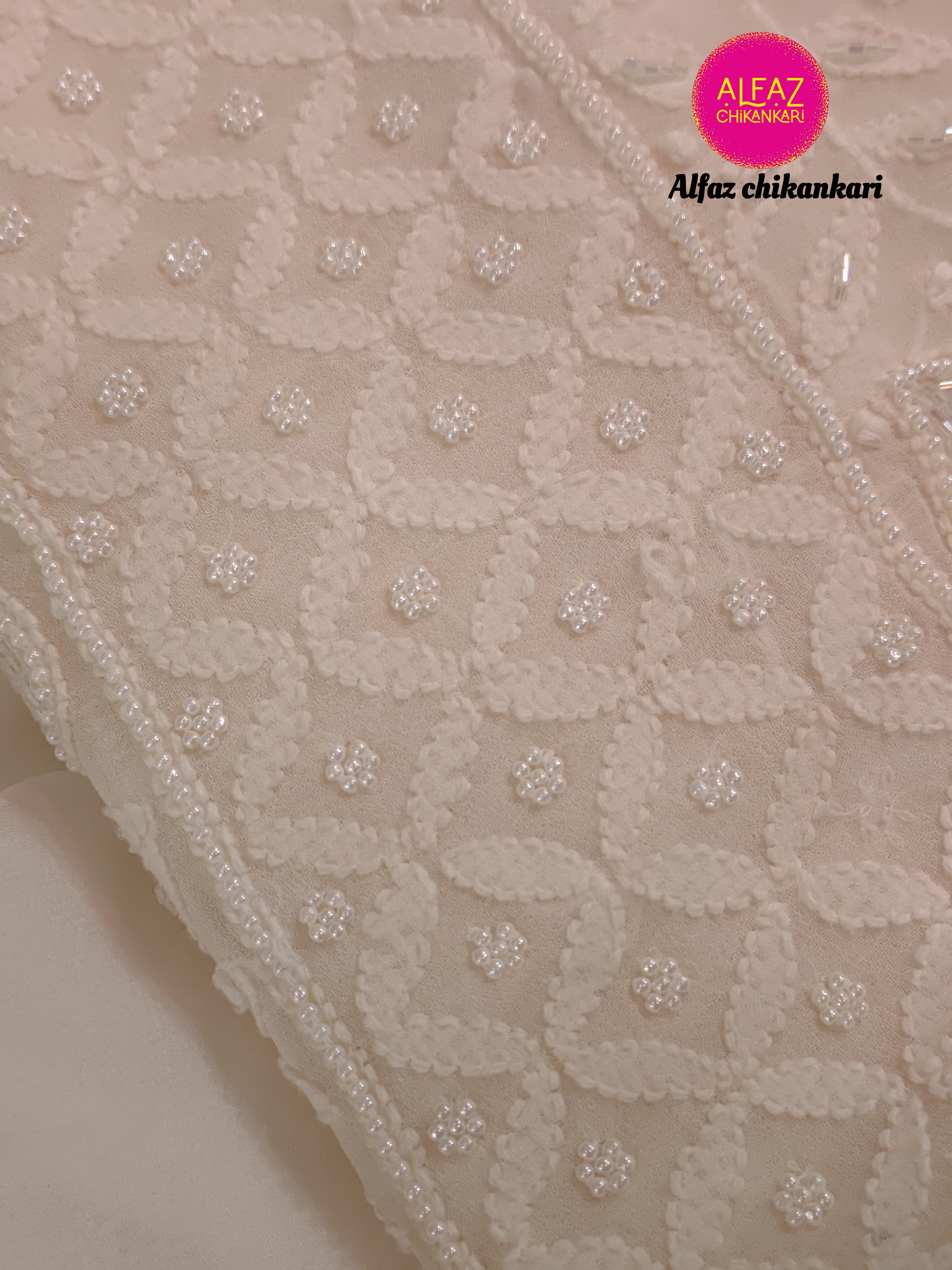 Amal Hand Embroidered White Viscose  Lucknowi Chikankari Unstitched Kurta Dupatta Set With  Add On Cutdana