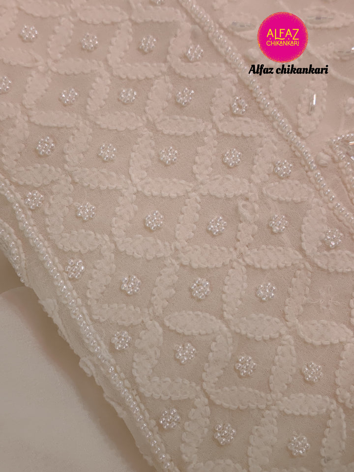 Amal Hand Embroidered White Viscose  Lucknowi Chikankari Unstitched Kurta Dupatta Set With  Add On Cutdana