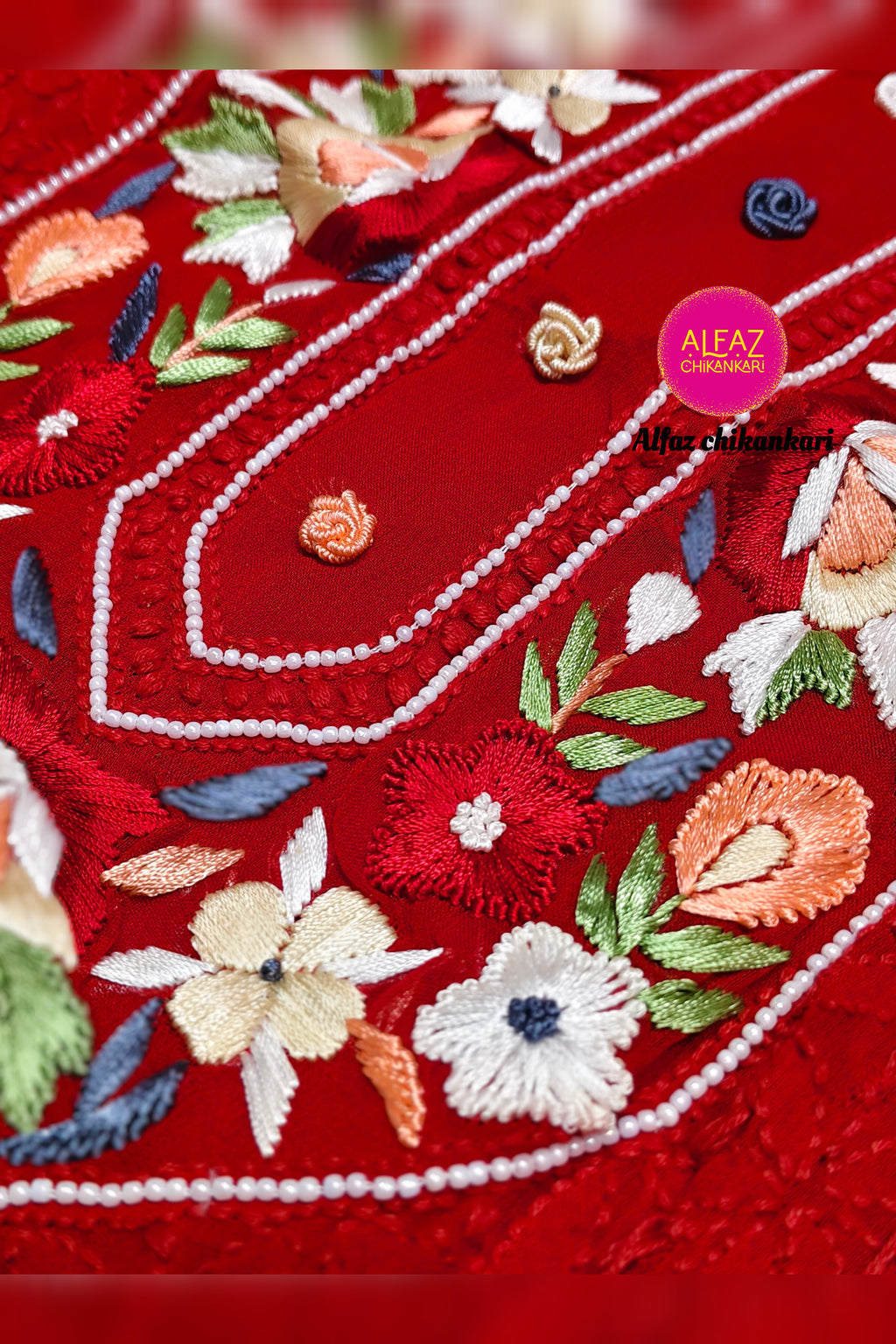 Urfi Hand Embroidered Red  Viscose  Lucknowi Chikankari Unstitched Kurta Dupatta Set With Parsi Ghara Work
