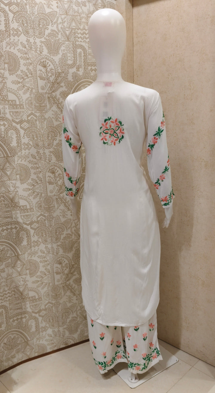 Rida  Rayon Chikankari Designer White- Multi  Palazzo Set