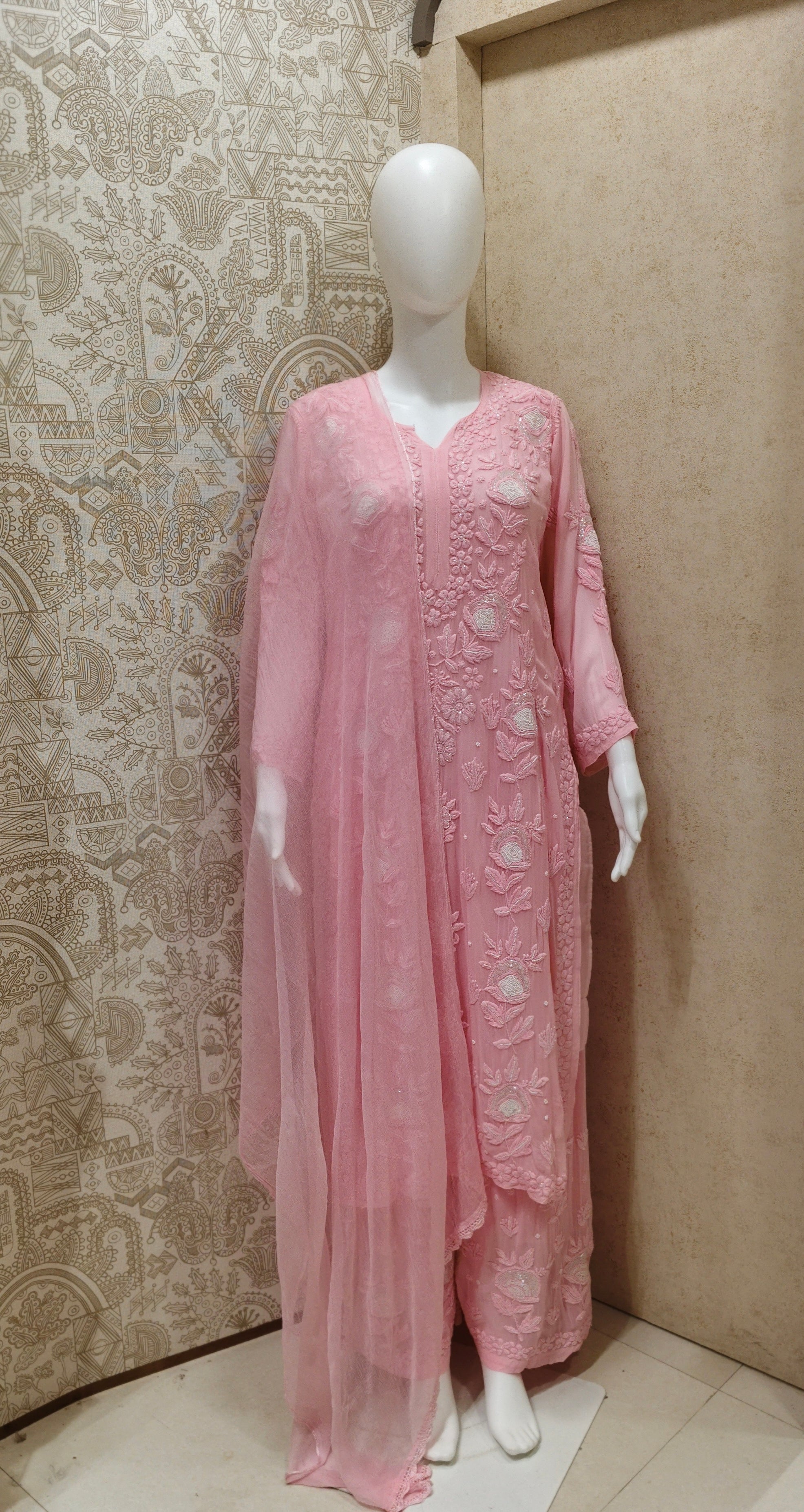 Yazrin Viscose Designer Add On Cutdana And Pearl Work Chikankari 3 Piece Set