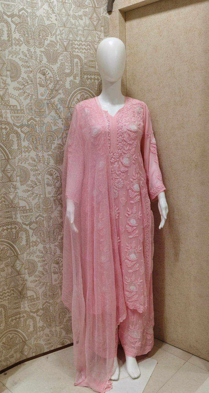 Yazrin Viscose Designer Add On Cutdana And Pearl Work Chikankari 3 Piece Set