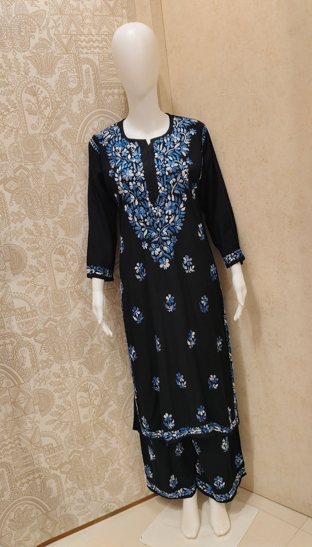 Sana Rayon Chikankari Designer Black Palazzo Set