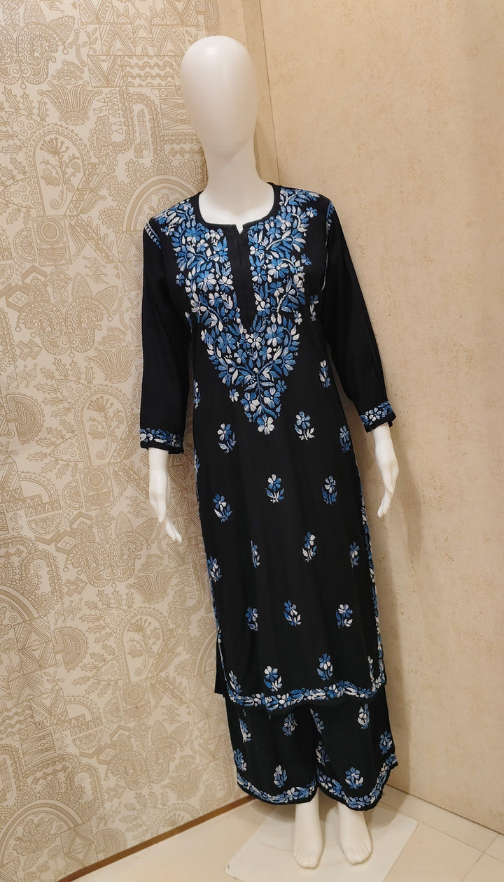 Sana Rayon Chikankari Designer Black Palazzo Set