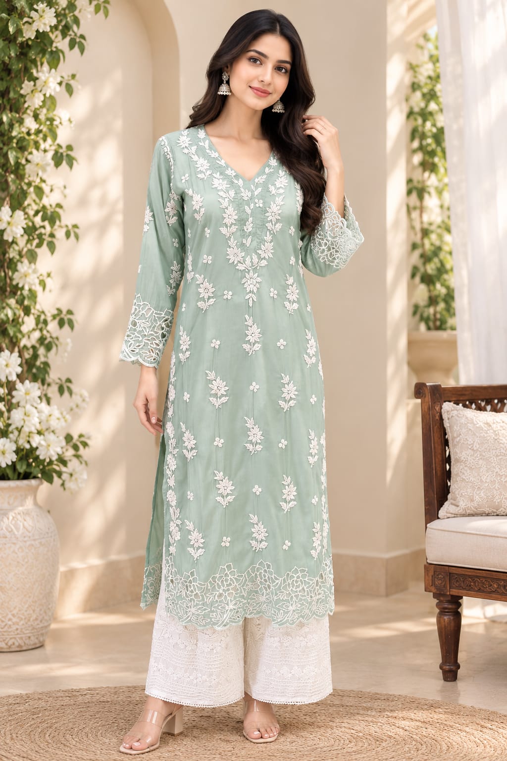 Inaya Premium Muslin 3D Chikankari work with Cutwork detailing long kurti