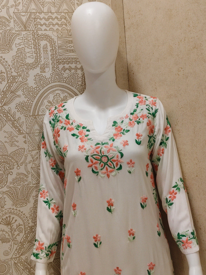 Rida  Rayon Chikankari Designer White- Multi  Palazzo Set