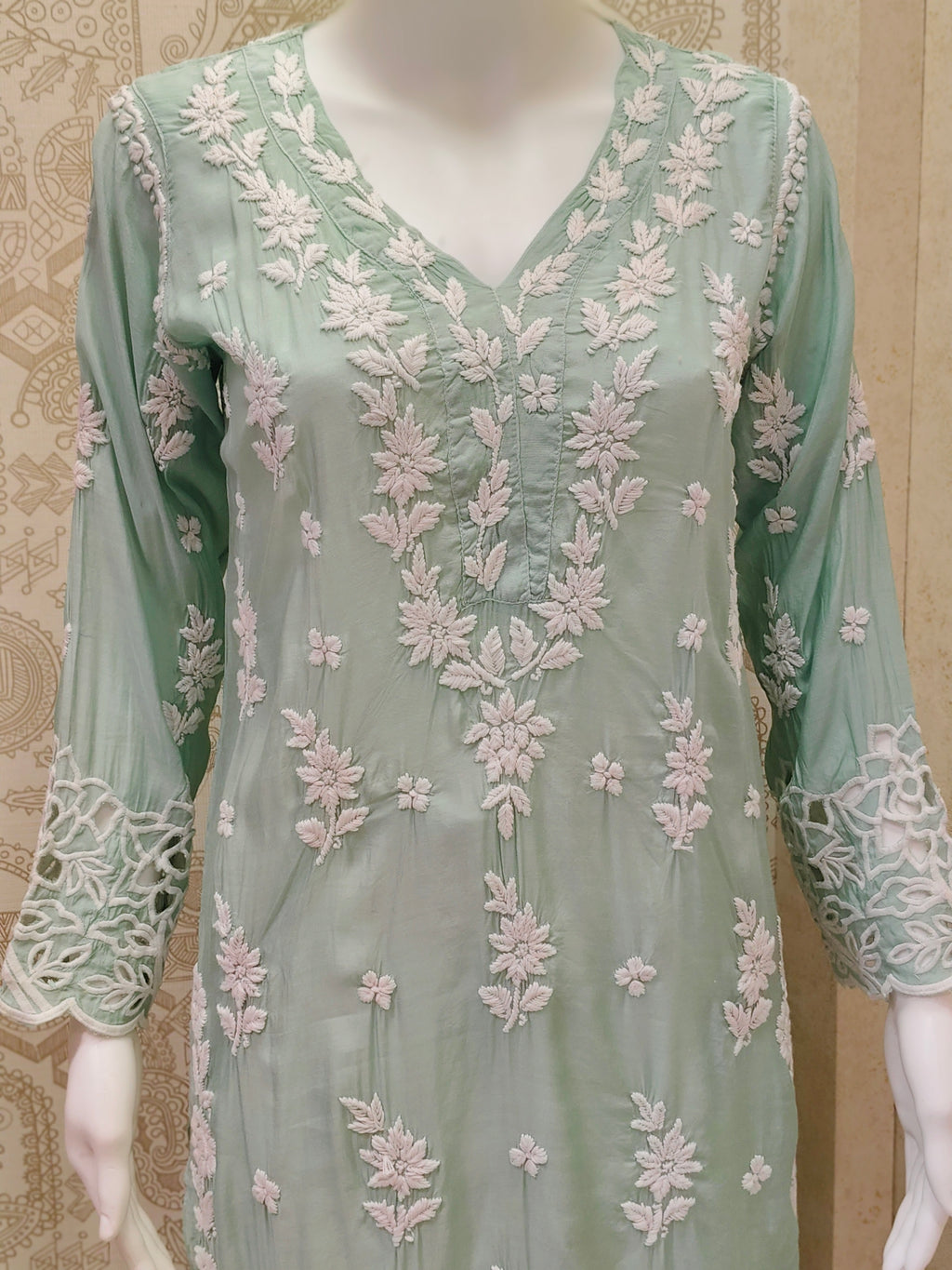 Inaya Premium Muslin 3D Chikankari work with Cutwork detailing long kurti