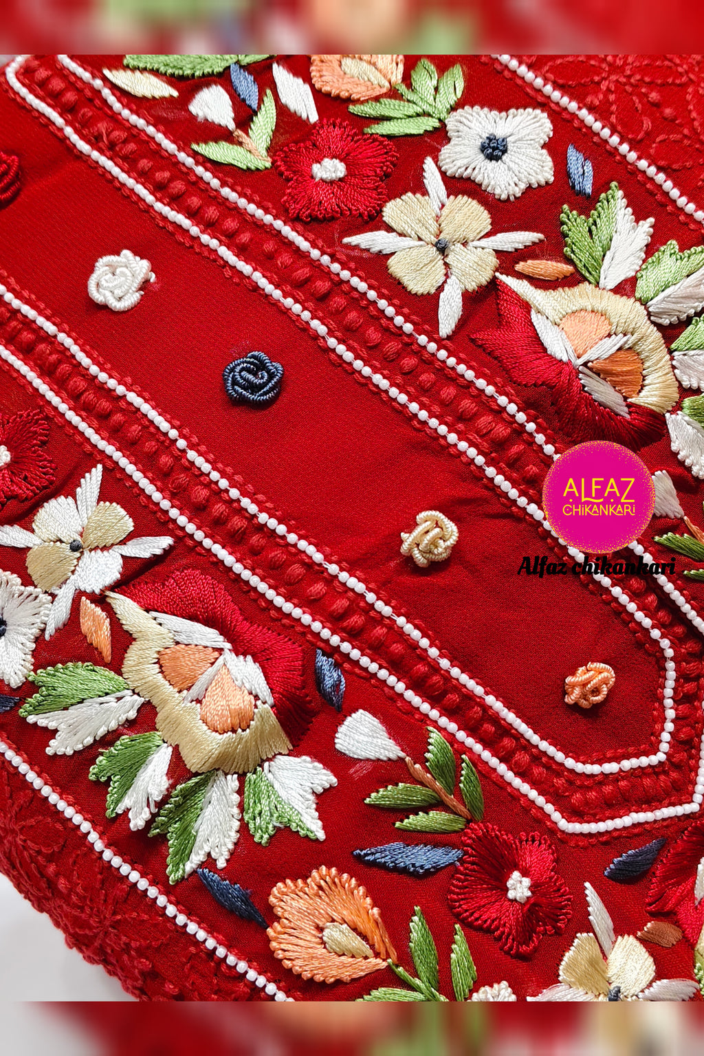 Urfi Hand Embroidered Red  Viscose  Lucknowi Chikankari Unstitched Kurta Dupatta Set With Parsi Ghara Work