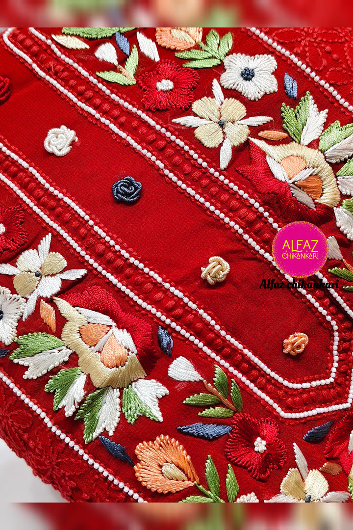 Urfi Hand Embroidered Red  Viscose  Lucknowi Chikankari Unstitched Kurta Dupatta Set With Parsi Ghara Work