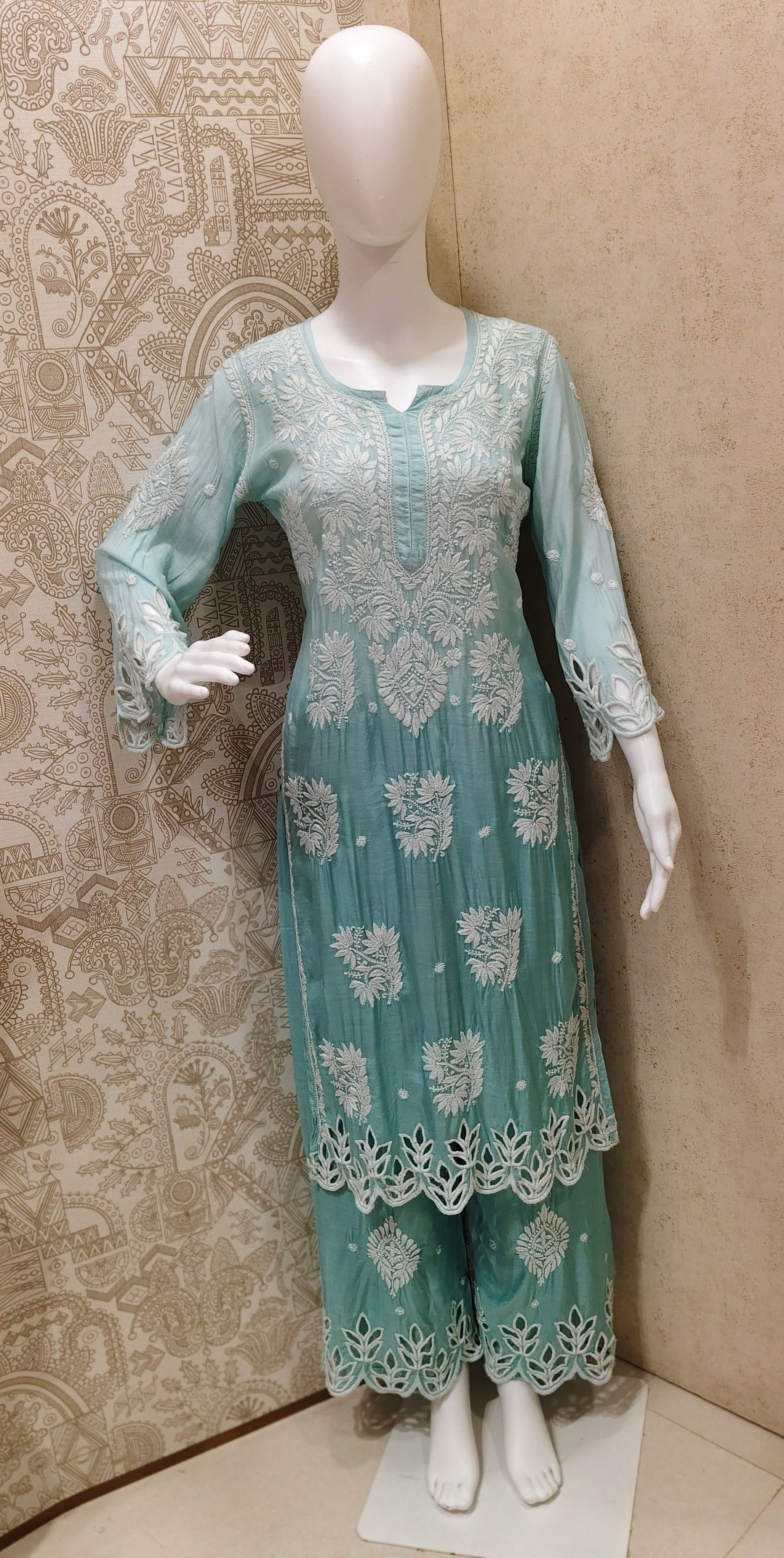 Anaya  Premium Muslin 3D Chikankari Ombre  Cutwork Kurti Palazzo Set