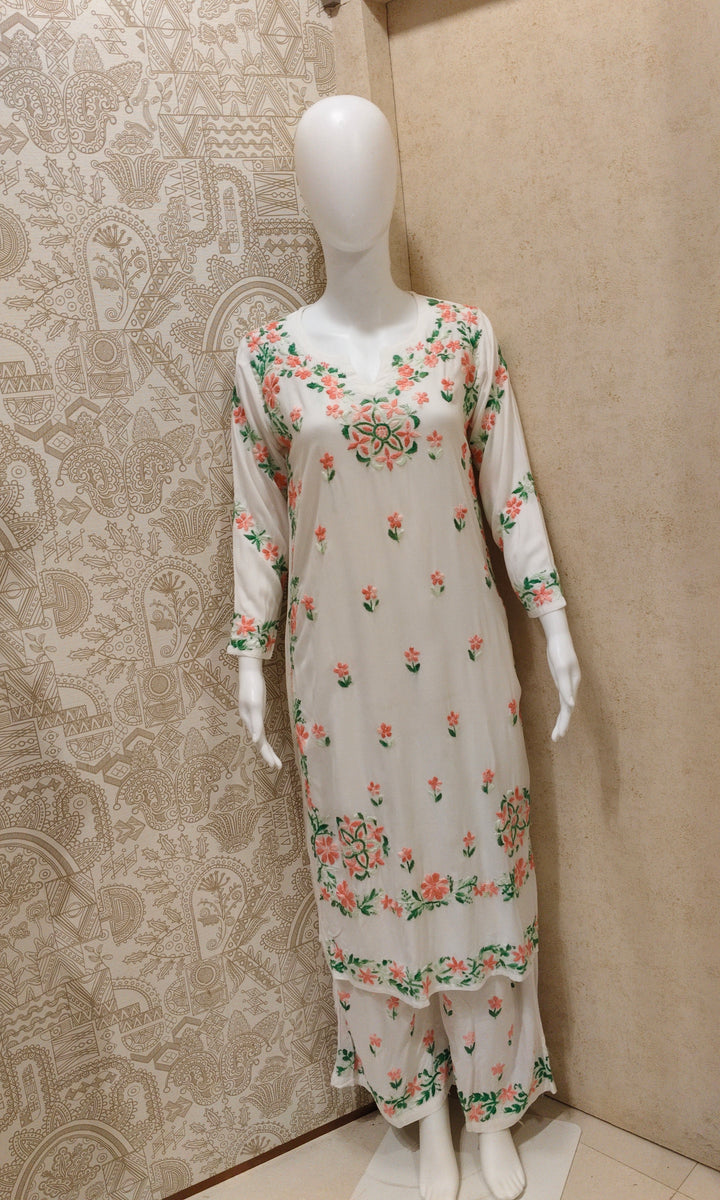 Rida  Rayon Chikankari Designer White- Multi  Palazzo Set