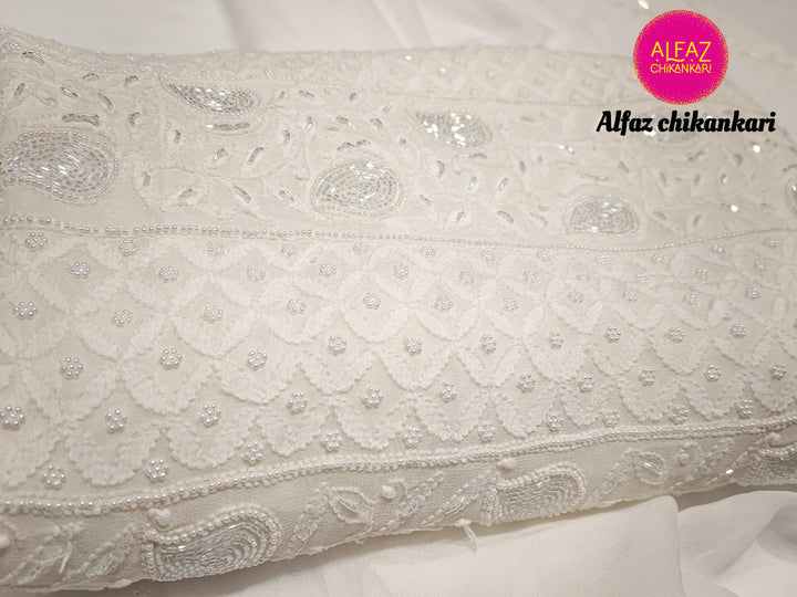 Amal Hand Embroidered White Viscose  Lucknowi Chikankari Unstitched Kurta Dupatta Set With  Add On Cutdana