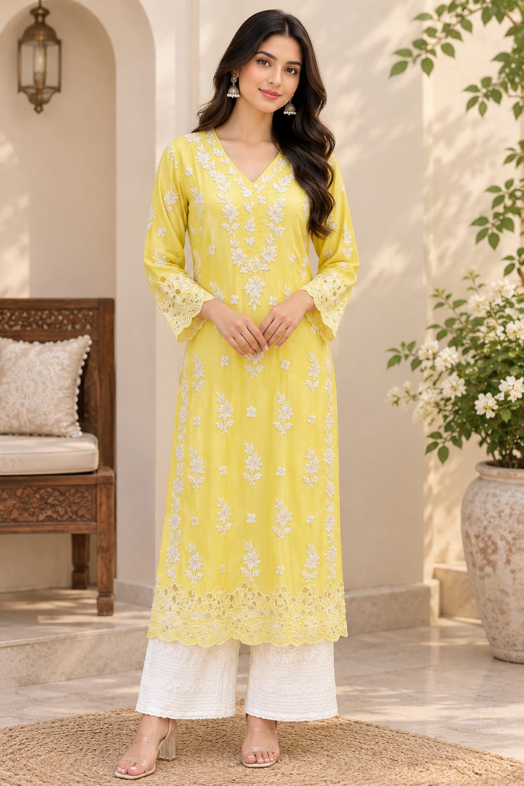 Inaya Premium Muslin 3D Chikankari work with Cutwork detailing long kurti