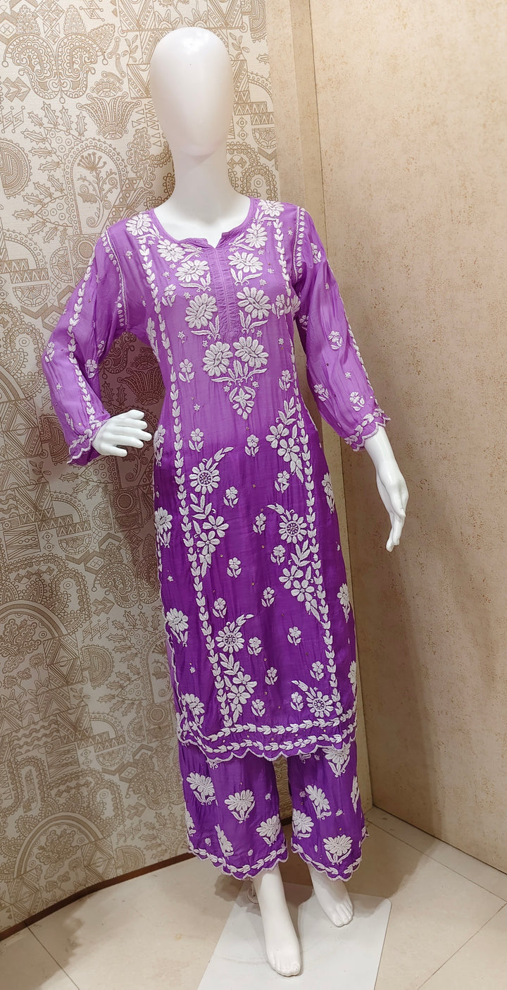 Azina Premium Muslin 3D Chikankari Ombre With Cutwork And Mukaish Work Kurti Palazzo Set
