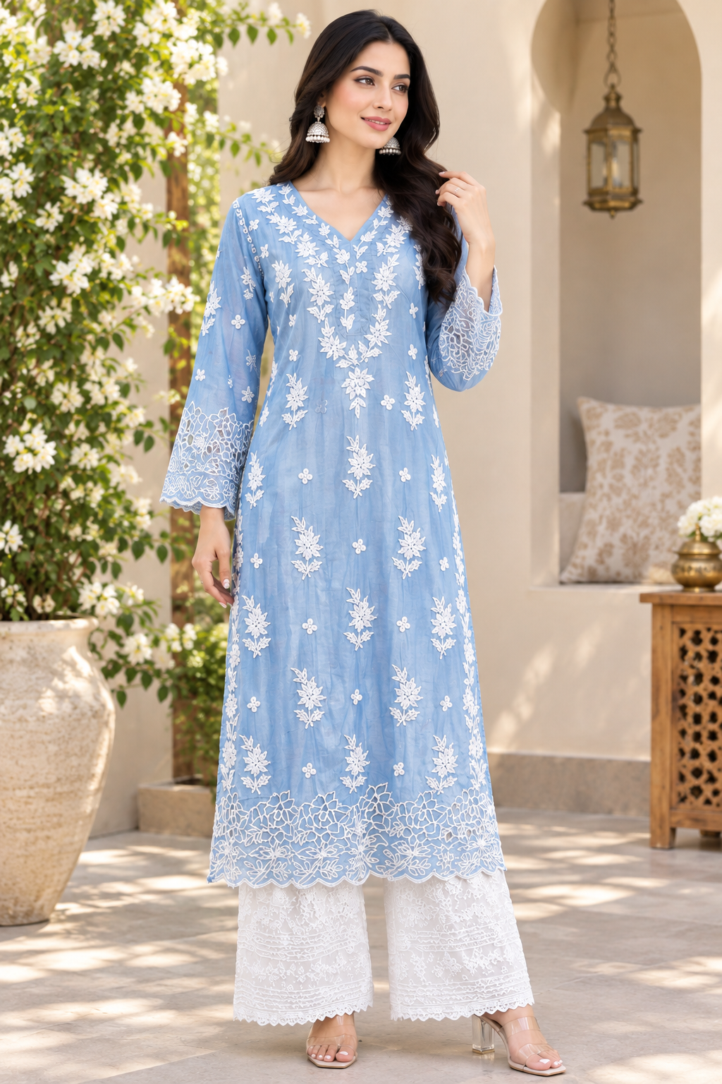 Inaya Premium Muslin 3D Chikankari work with Cutwork detailing long kurti