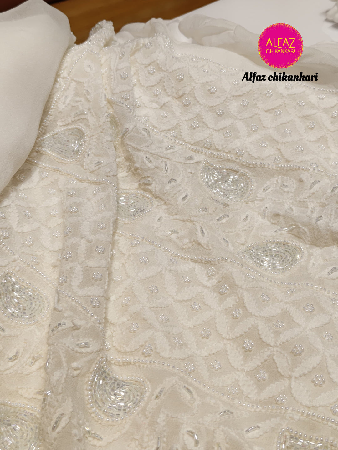 Amal Hand Embroidered White Viscose  Lucknowi Chikankari Unstitched Kurta Dupatta Set With  Add On Cutdana
