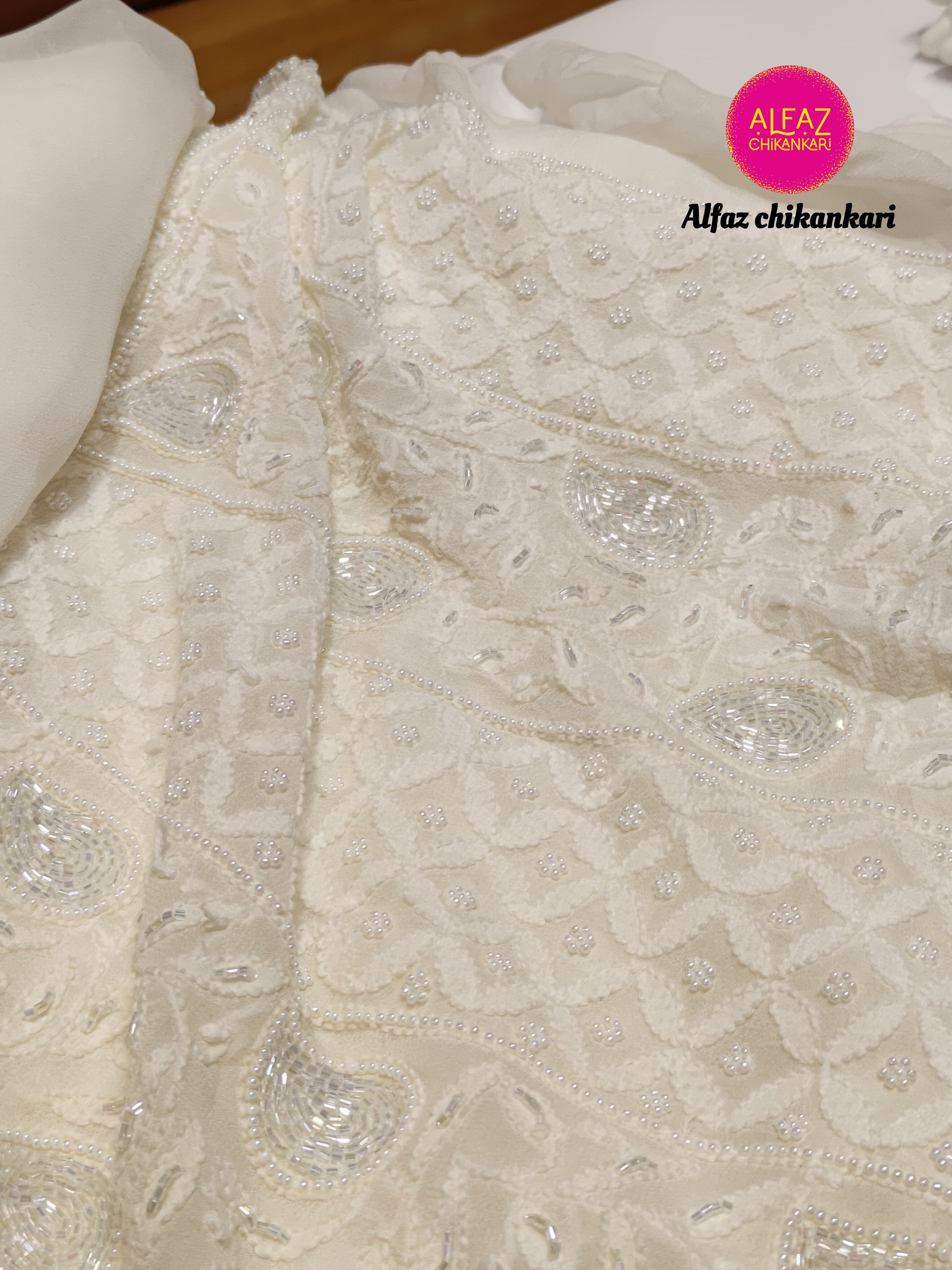 Amal Hand Embroidered White Viscose  Lucknowi Chikankari Unstitched Kurta Dupatta Set With  Add On Cutdana